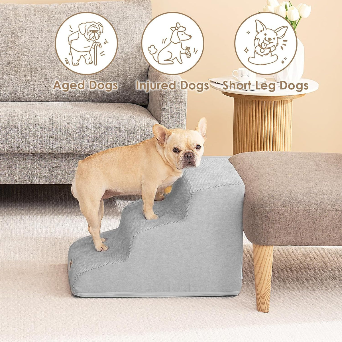EHEYCIGA Curved Dog Stairs Ramp for Small Dogs 15.7" H, 3-Step Dog Steps for Couch Sofa and Chair, Pet Stairs for Cats, Non-Slip Balanced Pet Steps Indoor, Light Grey