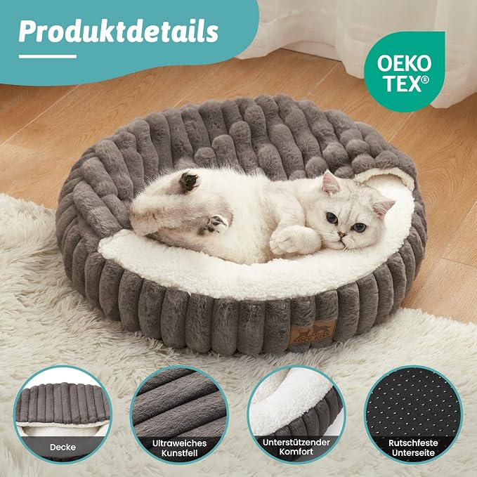 Cat Bed with Hooded Blanket, Round Fluffy Anti-Anxiety Pet Bed for Cats/Small Dogs, Cozy Donut Cuddler with Machine Washable Faux Fur & Anti-Slip Bottom(23"×23"×6",Grey)