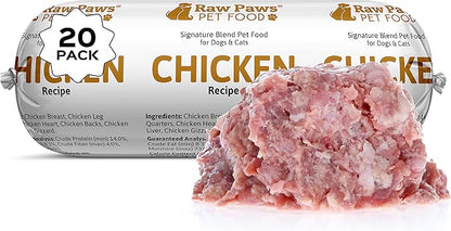 Raw Paws Signature Blend Pet Food for Dog & Cats - Chicken Recipe, 1-lb Rolls (20 Pack) - Fresh Made in USA, Natural Raw Diet Dog Food, Raw Frozen Dog & Cat Food - Meat Roll Dog Food Log