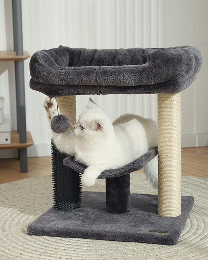 Hoopet 20-Inch Cat Tree Tower, Small Cat Scratching Post for Indoor Cats and Kittens, Sisal Cat Scratcher with Plush Bed Perch, Self Groomer and Hanging Toy Ball, Smoky Grey