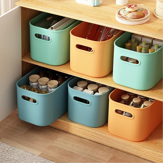 8 Pack Colorful Storage Bins with Lids Stackable Storage Container for Organizing, Storage Boxes with Handle for Shelves, Cute Storage Bin for Craft, Snacks, 9.85x6.9x5.7 inch