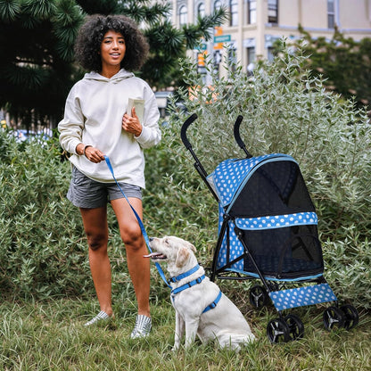 MoNiBloom 4 Wheels Pet Stroller, Easy-Fold Umbrella Shaped Dog Cat Jogger Stroller w/Storage Bag & Visible Mesh for Small/Medium Dogs Cats Sky Blue Polka Dots