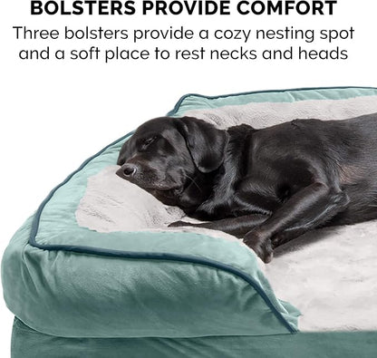 Furhaven Orthopedic Dog Bed for Medium/Small Dogs w/ Removable Bolsters & Washable Cover, For Dogs Up to 35 lbs - Plush & Velvet Waves Perfect Comfort Sofa - Celadon Green, Medium