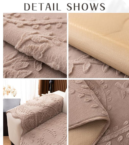 Fuzzy Rabbit Plush Sofa Cover Cozy Warm Sofa Couch Covers with 3D Jacquard Leaf Pattern Non-Slip Easy-to-Install Shaggy Sofa Slipcover Prefect for Kids Dogs Cats Cats(Cream Coffee,36"x36")