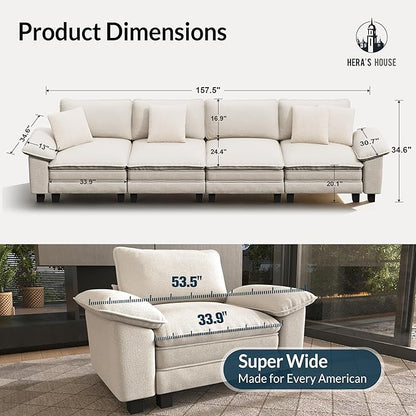 HERA'S HOUSE 158" Modular Sectional Sofa, Oversized Couches for Living Room, Comfy Cloud Couch 4-Seater Deep Seat Sofa with Throw Pillow, Chenille Beige