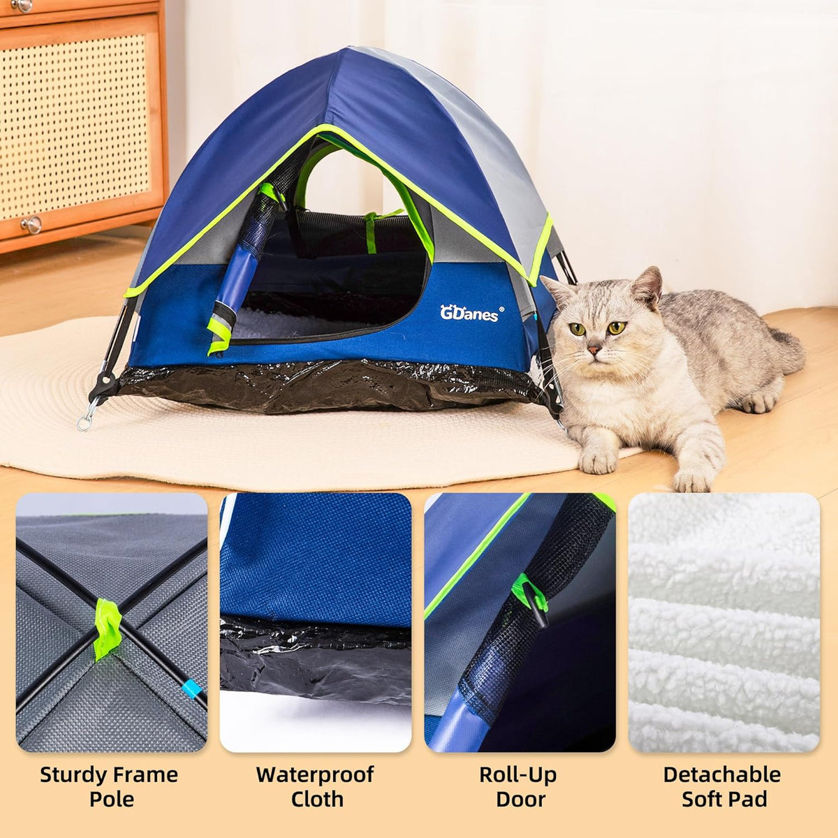 GDanes Blue Cat Tent, Large Cave Bed for Indoor Cats and Small Dogs with Soft Pad - 22" x 22" x 16"