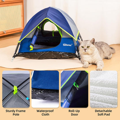 GDanes Blue Cat Tent, Large Cave Bed for Indoor Cats and Small Dogs with Soft Pad - 22" x 22" x 16"