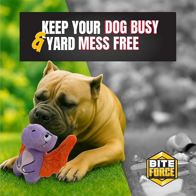 Bite Force - Durable & Strong Dog Toy Purple Dino with Squeaker, Kevlar-Reinforced for Aggressive chewers.
