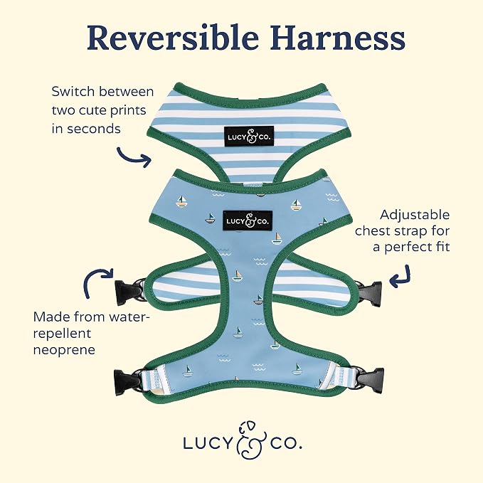 Lucy & Co. Reversible Dog Harness - Water-Repellent Neoprene, Dual-Print Design, Easy Swap Style, Adjustable Comfort Fit - Set Sail Reversible Harness - Medium