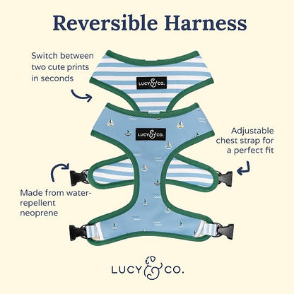Lucy & Co. Reversible Dog Harness - Water-Repellent Neoprene, Dual-Print Design, Easy Swap Style, Adjustable Comfort Fit - Set Sail Reversible Harness - Medium