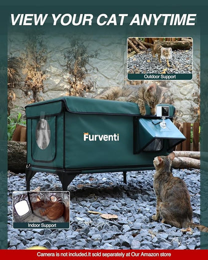 Outdoor Heated Cat House in Winter,Extremely Insulated & Weatherproof,Elevated Feral Cat Shelter with Waterproof Eaves & Escape Door for Outside Stray Barn Cat (Dark Green,S)