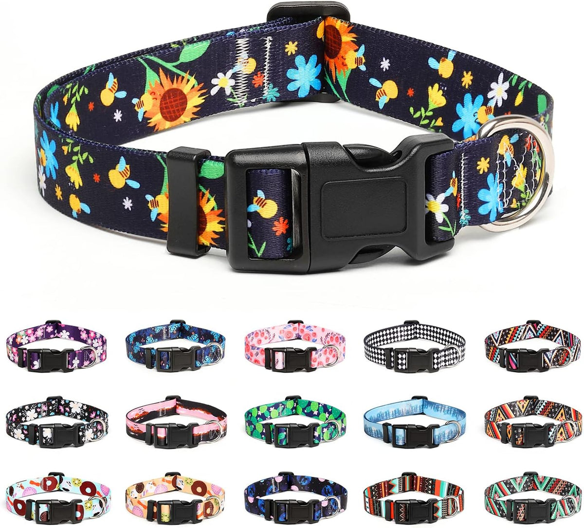 Mercano Adjustable Dog Collar - Special Design Patterns, Soft Nylon Comfortable Sturdy Pet Collar for Small Medium Large Dogs (L, Sunflower)