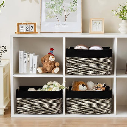 3 Pack Large Storage Basket for Organizing, 17.5"x13"x7" Woven Basket for Shelves, Closet Cube Storage Bins with Wrapped Handle, Cotton Rope Baskets for Kitchen, Clothes, Toys(Black & Brown)