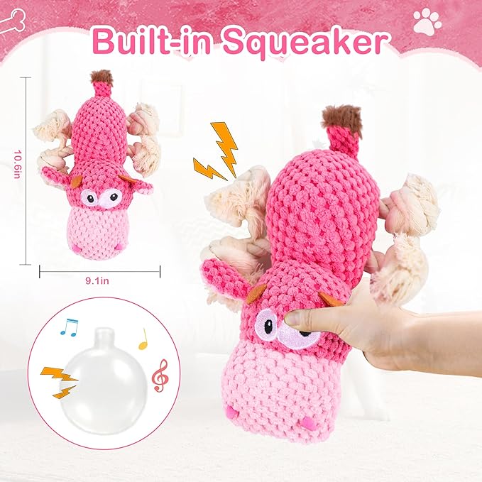 Dog Squeak Toys, Chew Rope for Small & Medium Breeds, Puppy Teething Interactive Plush Toy to Keep Them Busy, Best Birthday, Christmas, Halloween, Easter Gift, Hippo