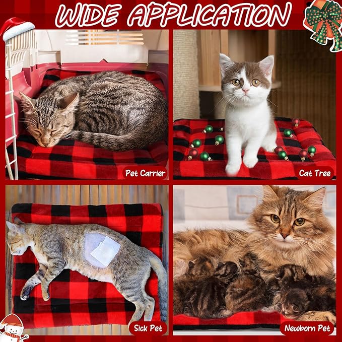 VitalCozy 2 Pack Self Warming Cat Mat Self Heating Pad Bed Reversible Machine Washable Reflects Body Heat Warm Thermal Pet Pad Crate Blanket for Feral and Indoor Cat (Black, Red,22'' X 18'',Plaid)