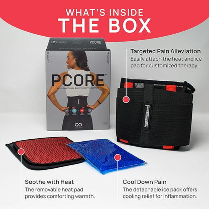 PRIMEKINETIX Pcore Dynamic Lower Back Support Belt - Adjustable Lumbar Brace for Pain Relief with Heat & Ice Therapy - Posture Corrector for Men Women - Breathable Core Support Belt, Size S