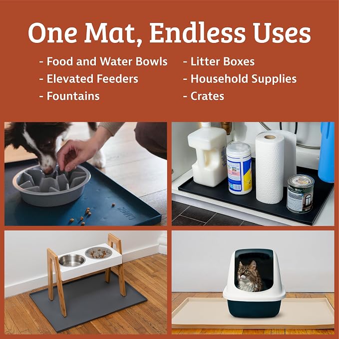 Leash Boss Dog Food Mat - 2-Pack, Waterproof Cat & Dog Bowl Mat for Food and Water, Silicone Pet Feeding Mats for Floors, Non-Slip Placemat with High Edges, Puppy Essentials (Small: 18"x11", Beige)