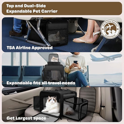 Top and 2 Sides Expandable Cat Carrier 18x11x11, TSA Airline Approved Dog Carriers for Small Dogs, Soft-Sided Pet Carrier with Self-Locking Zippers for Kitten,Rabbit, Puppy, Guinea Pig Black