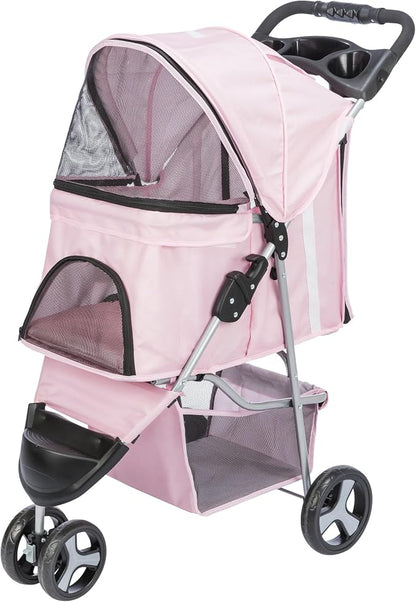 Trixie Foldable Pet Stroller for Cats and Dogs, Pet Carrier Strolling Cart with Weather Cover, Storage Basket, Cup Holder, Pink
