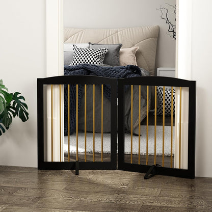 Freestanding Pet Gate for Dogs, Foldable Wooden Dog Gate for House, Stairs, Doorways, Step Over Pet Puppy Safety Fence,Support Feet Included,24" Height 2 Panels, Black&Gold