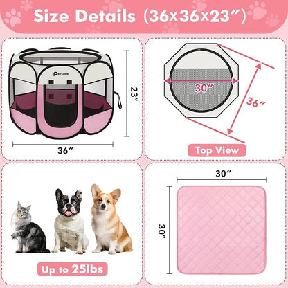 Persure Dog Cat Pet Playpen Puppy Crate Cage for Indoor Outdoor Travel | Nursing Rest Zone Recovering Pet Quarantine Room Portable Pop Up Easy to Set up lightweight Bag (Pink with Pad, Medium)