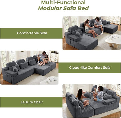 141" U-Shaped Cloud Modular Sectional Sofa with Chaise & Headrest, Boneless Deep Seat Plush Corduroy Couches for Large Living Room, No Assembly Required (Dark Gray, 141" U-shapred Chaise)