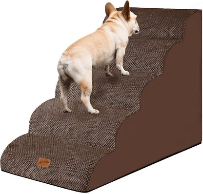 GoGoBunny Ramp Dog Stairs for High Beds 24.4" H, 5-Step Extra Wide Dog Slope Stairs with Durable Waterproof Fabric Cover, Pet Steps for Old Large Dogs Climbing, Non-Slip Sturdy Indoor Step, Brown