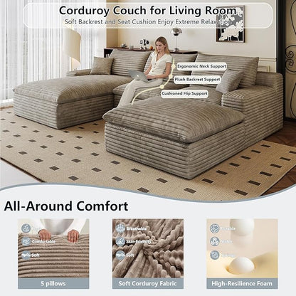 107" Cloud Sectional Couch U-Shaped Chaise with Ottoman, Corduroy Boneless Couch for Living Room Bedroom, Deep-Seat Upholstered Modular Cloud Sofa, No Assembly Required (Camel, Left Facing Chaise)