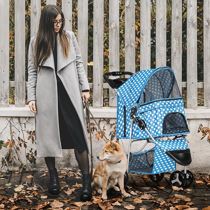 MoNiBloom 3 Wheels Pet Dog Cat Stroller for Small Medium Dogs Cats, Foldable Jogger Stroller w/Storage Basket and Cup Holder, Sky Blue Polka Dots