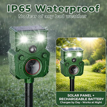 Solar Ultrasonic Animal Repellent Outdoor – Motion Activated, IP65 Waterproof, Designed to Discourage Unwanted Animals in Yard – Deer, Coyote, Cats, Squirrel, Raccoon with LED Flashing Lights