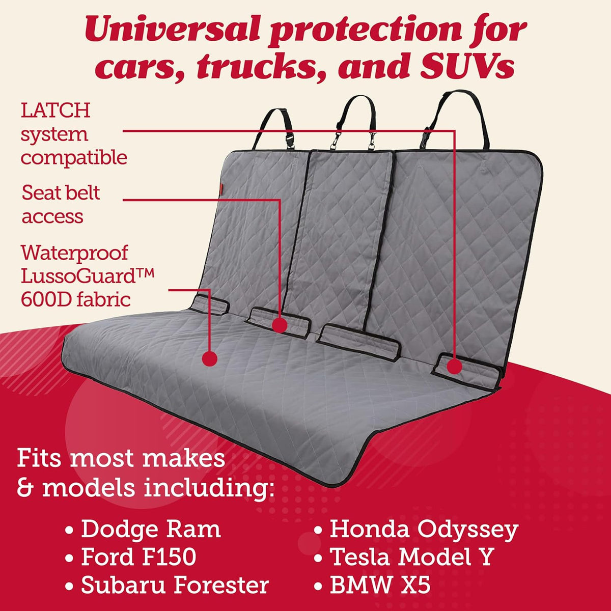 Lusso Gear Dog Car Seat Cover for Back Seat - 100% Waterproof - Full Protection from Mud, Scratches, Shedding - Non-Slip Cover Stays in Place, Fits Car, Truck, SUV (Gray)
