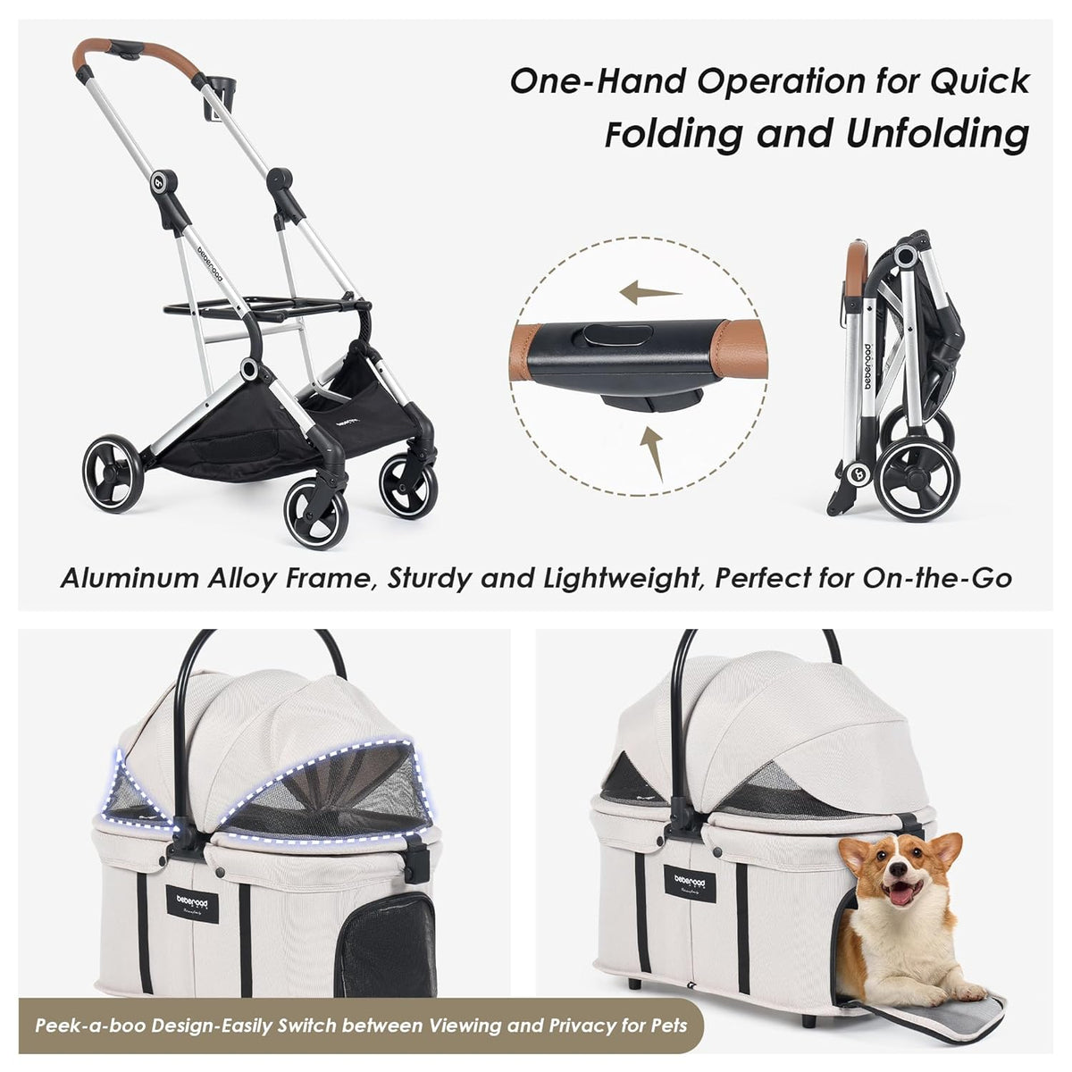 T3 Pro 3-in-1 Pet Stroller for Small Dogs & Cats – Foldable, Lightweight with Detachable Carrier, 180° Canopy & Cup Holder (Beige)