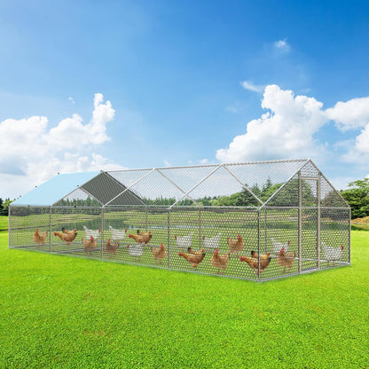 4ever2buy Large Metal Chicken Coop with Run Walk-in Poultry Cage Chicken Runs House Pen Cage Spire Roofed Chicken Coops with Anti-Ultraviolet Cover for Outdoor Backyard Farm Use 9.5’Lx24.9’Wx6.4’H