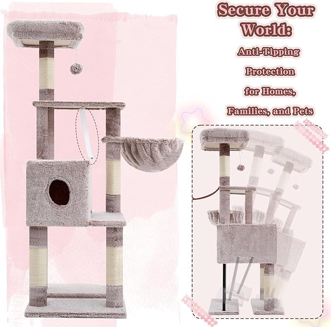 Heybly Cat Tree, 49.2 Inches Cat Tower for Indoor Cats, Spacious Cat House Condo with Hidden Space，Sturdy Steel Tube，Soft Plush Top Perch，Cozy Hammock and Sisal Scratching Posts, Muchroom HCT200SMU
