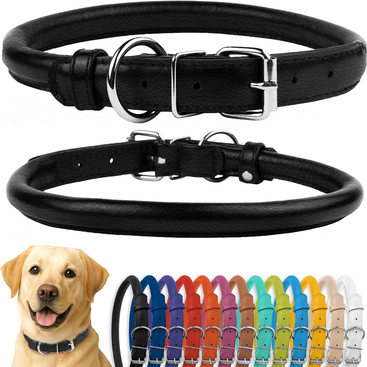 CollarDirect Rolled Leather Dog Collar, Soft Padded Round Puppy Collar, Handmade Genuine Leather Collar Dog Small Large Cat Collars 13 Colors (15-19 Inch, Light Blue Textured)