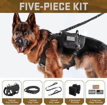 Forestpaw Tactical Dog Harness for Large Dogs,Tactical Dog Collar with Bungee Leash Set,No Pull Military Dog Harness for Walking Training,Adjustable for Medium Large Dogs,Black,Chest 27-40"