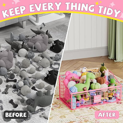 Indestructible Dog Toy basket, Medium Toy Box for Dogs,Pet Toy Bin Dog Metal Basket for Toys, Toy Storage Organizer, Living Room Area (Pink)