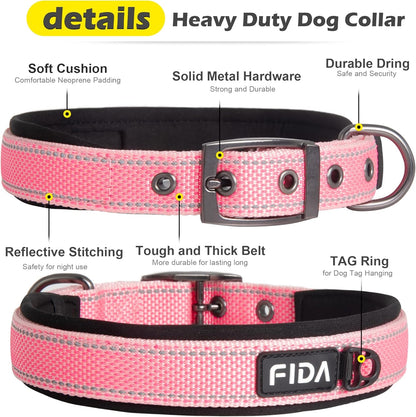 Fida Heavy Duty Dog Collar, Ultra Comfortable Soft Neoprene Padded, Adjustable Reflective Nylon Pet Collar with Durable Metal Belt Buckle for Medium Breeds (M, Pink)