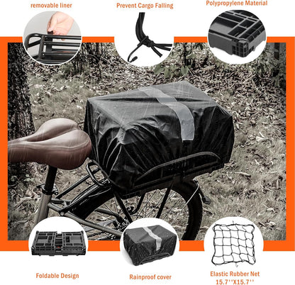 YEEGO DIRECT Bike Basket Rear, Folding Large Capacity Rear Bike Baskets, Collapsible Bicycle Storage Bike Milk Crate Rear Rack,Waterproof Cover for Shopping,Outings,Pets E-Bike Accessories (Black)
