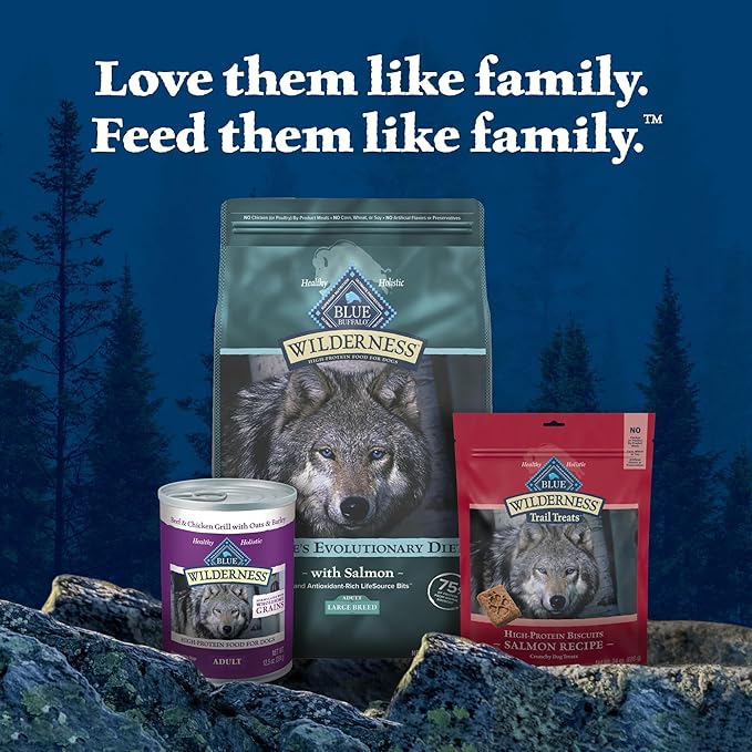 Blue Buffalo Wilderness Natural High-Protein Dry Food for Adult Dogs, WITH WHOLESOME GRAINS, Salmon, 28-lb Bag.