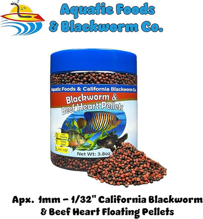 Aquatic Foods Inc. 1mm -1/32" California Blackworm & Beef Heart Floating Pellets for Marines, Cichlids, Tropical Fish, Koi & Pond Fish, 4-Type Wafer & 12-Type Pellet Mix Included 3.8oz Canister