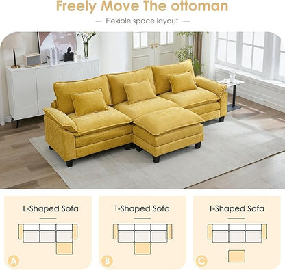 URRED Cloud Couch Modular Sectional Sofa, 122'' Modern L Shaped Deep Seat Sofa with Ottoman & Pillows, Ultra Comfy Chenille Couches for Living Room, Bedroom or Apartment. Yellow
