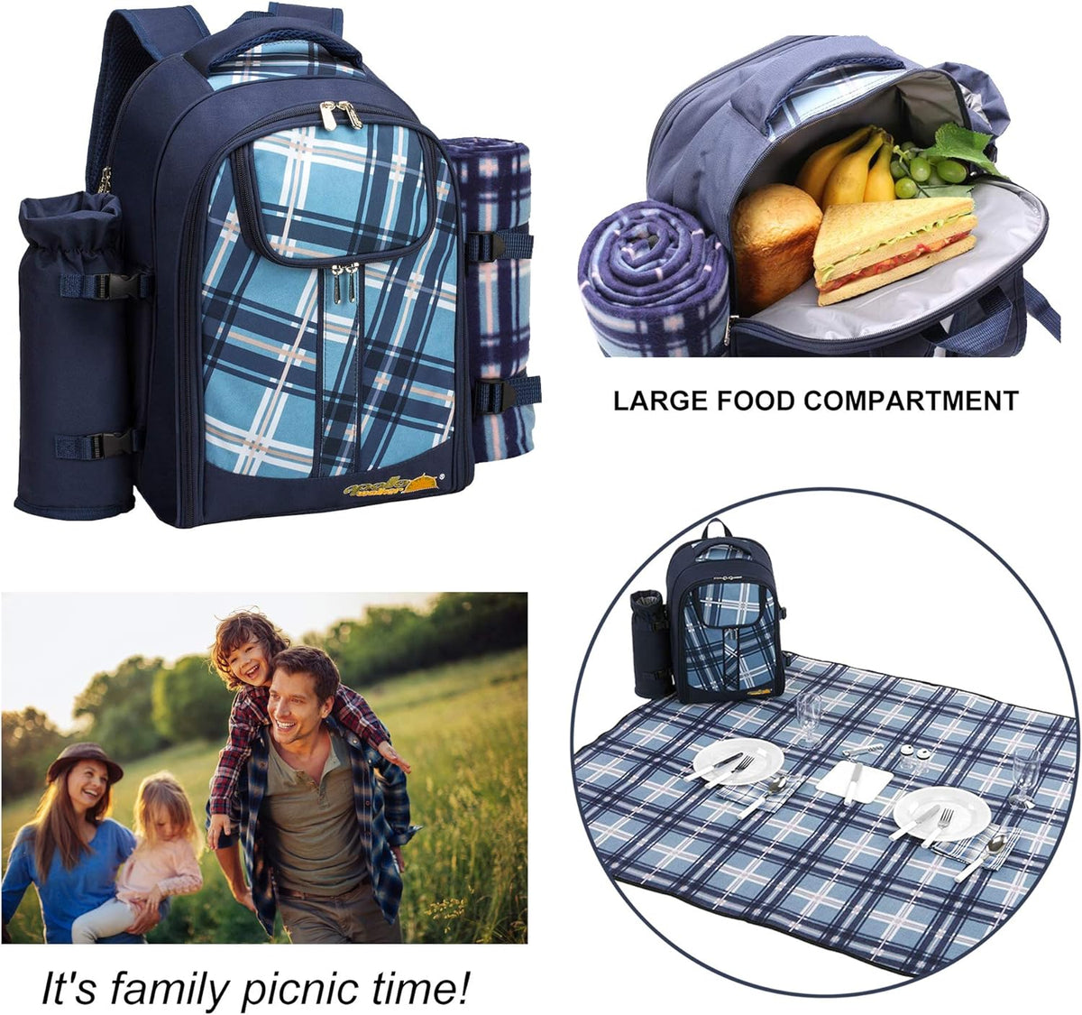 Apollo walker Picnic Backpack Set for 4 with Cooler Compartment,Detachable Bottle/Wine Holder Including Large Picnic Blanket(45"x 53") for Picnic Family and Lovers Gifts,Outdoor,BBQ Time (Blue)