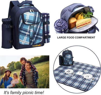 Apollo walker Picnic Backpack Set for 4 with Cooler Compartment,Detachable Bottle/Wine Holder Including Large Picnic Blanket(45"x 53") for Picnic Family and Lovers Gifts,Outdoor,BBQ Time (Blue)