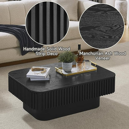 SZTHHDF Lift Top Coffee Table for Living Room,Rectangle Handmade Solid Wood Strips, Fluted Coffee Table with Hidden Storage Compartment for Small Space Office Apartment (38.6"L×26.8''W×13.8''H-Black)