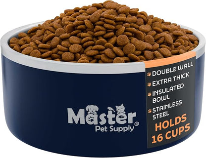 Master Pet Supply Stainless Steel Dog Bowls - 128 oz, Heavy Duty - Navy Blue, Double Wall Extra-Thick Insulated, Non-Slip Pet Water Bowl for Dogs, Cats & Pets, Anti Rust Metal, Dish Washer Safe