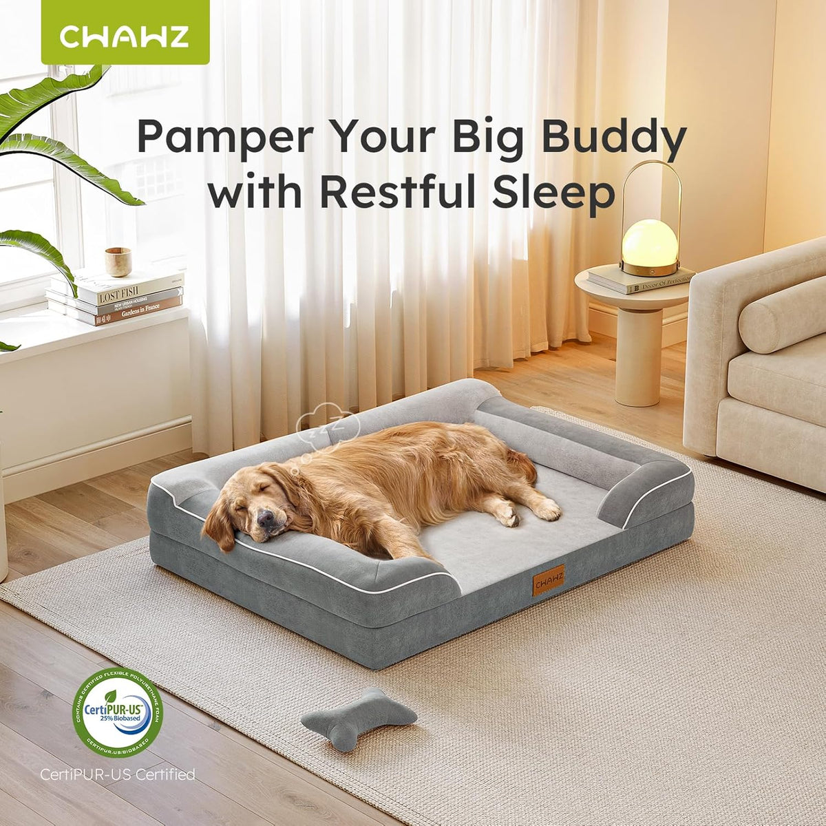 Jumbo Dog Beds for Extra Large Dogs, Orthopedic Dog Bed with Cooling Gel Memory Foam, Waterproof Pet Bed with Removable Washable Cover, 45" Pet Sofa Couch Velvet with Bone Toy, Light Gray