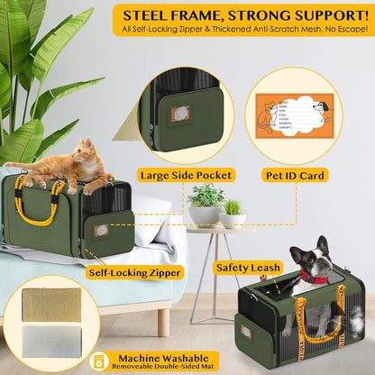 PAWZIDEA Expandable Pet Carrier w/ID Card, 18x11x11 in Small Dog Carrier TSA Airline Approved, Top Load Cat Carrier for 2 Cats Under Seat, Soft-Sided Collapsible Puppy Car Seat Dog Travel Bag, Up 15lb