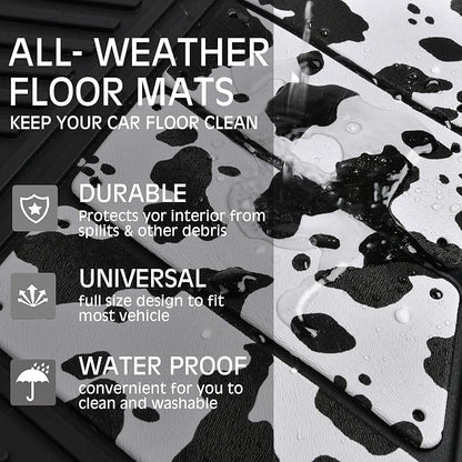 CAR PASS Heavy Duty Rubber Floor Mats Cow Print Car Mats 4-Piece Car Mat Set - Universal Waterproof Floor Mats for Car SUV Truck, Durable All-Weather Mats