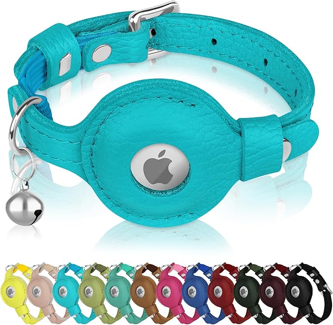 OOPSDOGGY Cat Collar for AirTag Holder, Leather Kitten Collars with Elastic Strap & Bell, Non Breakaway Adjustable Small Pet Collars for Indoor & Outdoor for Boy, Girl (Light Blue)